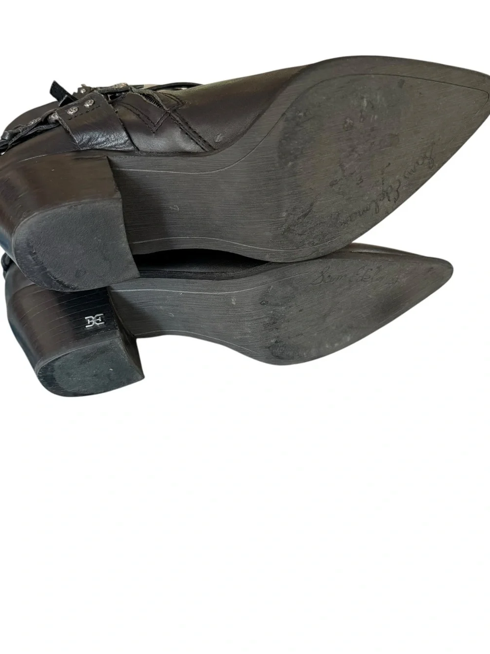 Sam Edelman Riker Vaquero Saddle Black Leather Pointed Toe Harness Ankle Boots